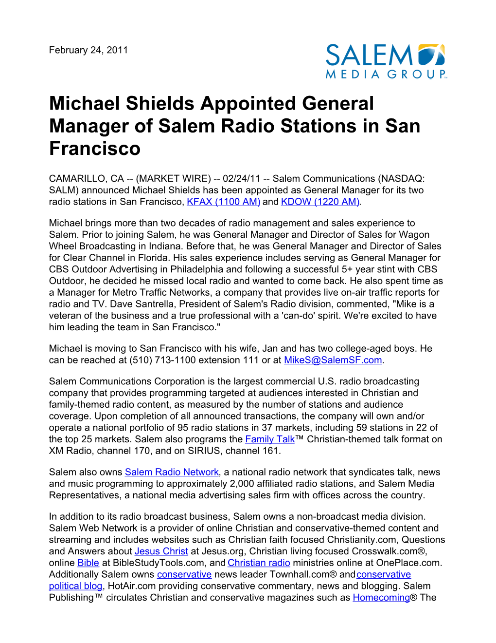 Michael Shields Appointed General Manager of Salem Radio Stations in San Francisco