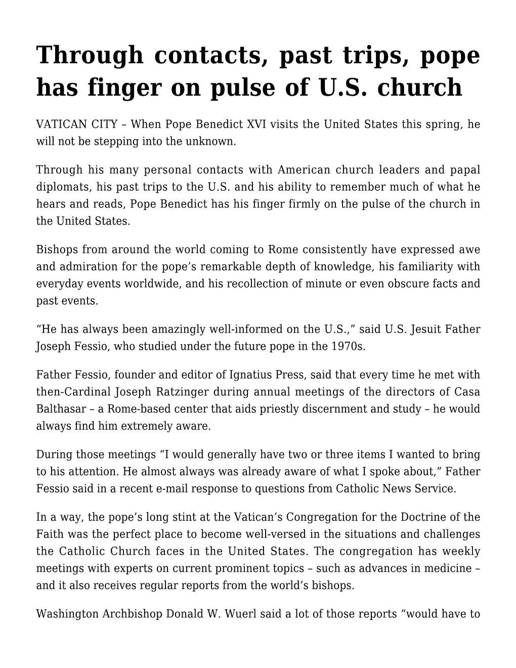 Through Contacts, Past Trips, Pope Has Finger on Pulse of U.S. Church