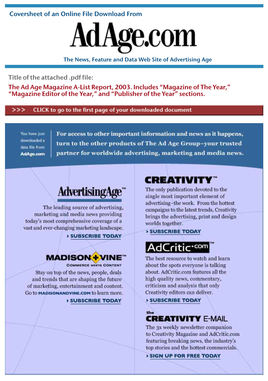 Ad Age Full Magazine A-List Report, 10 Pages