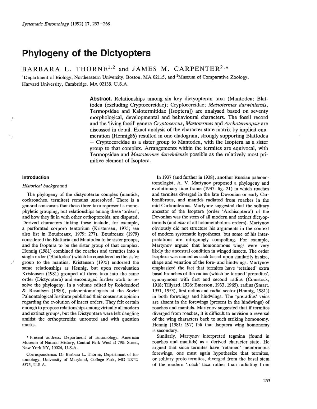 Phylogeny of the Dictyoptera