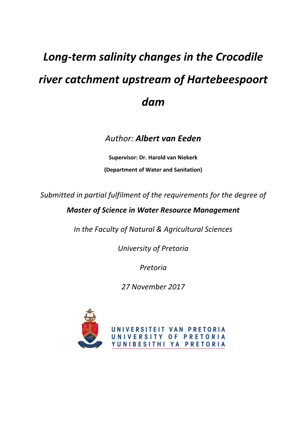 Long-Term Salinity Changes in the Crocodile River Catchment Upstream of Hartebeespoort Dam