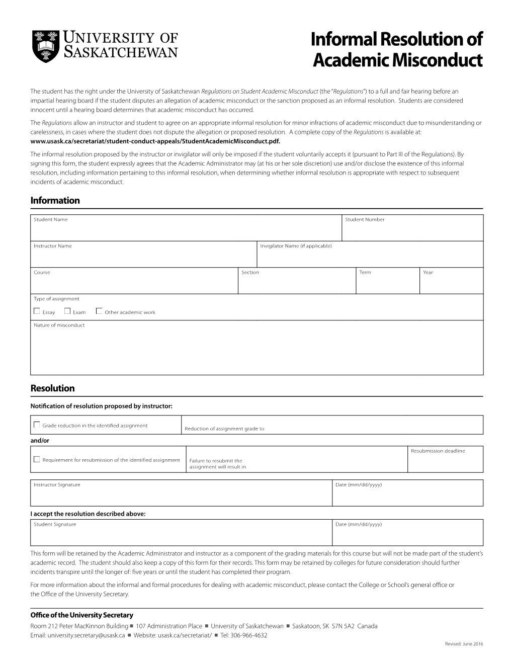 Informal Resolution of Academic Misconduct