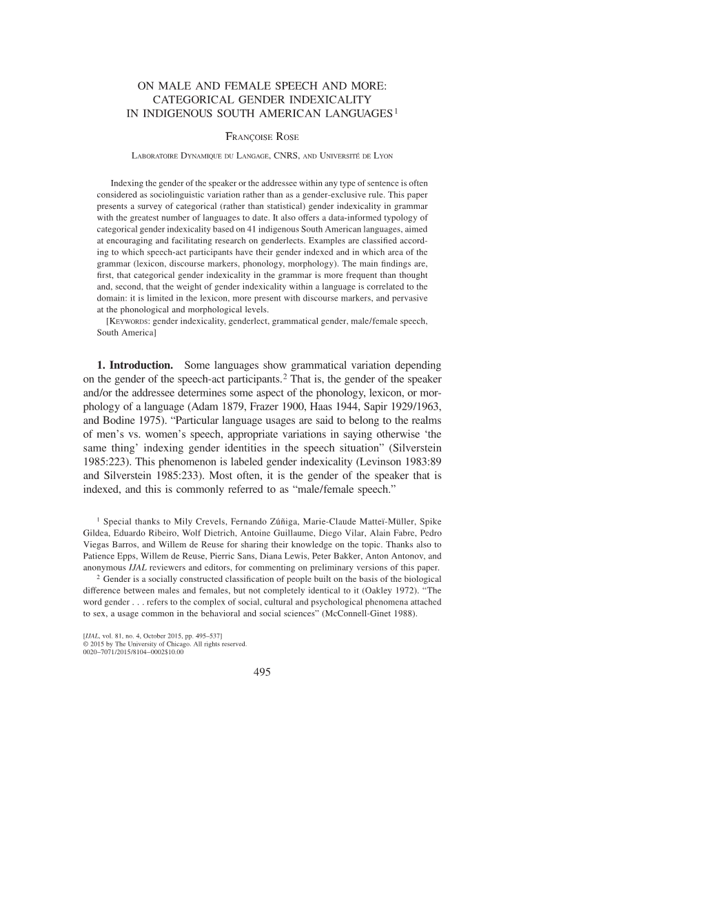 Categorical Gender Indexicality in Indigenous South American Languages 1