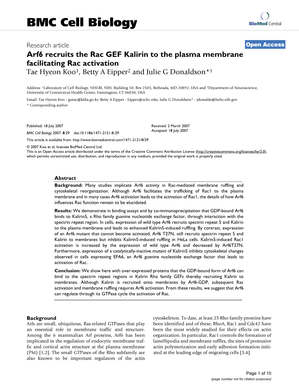 Arf6 Recruits the Rac GEF Kalirin to the Plasma Membrane Facilitating Rac Activation Tae Hyeon Koo1, Betty a Eipper2 and Julie G Donaldson*1