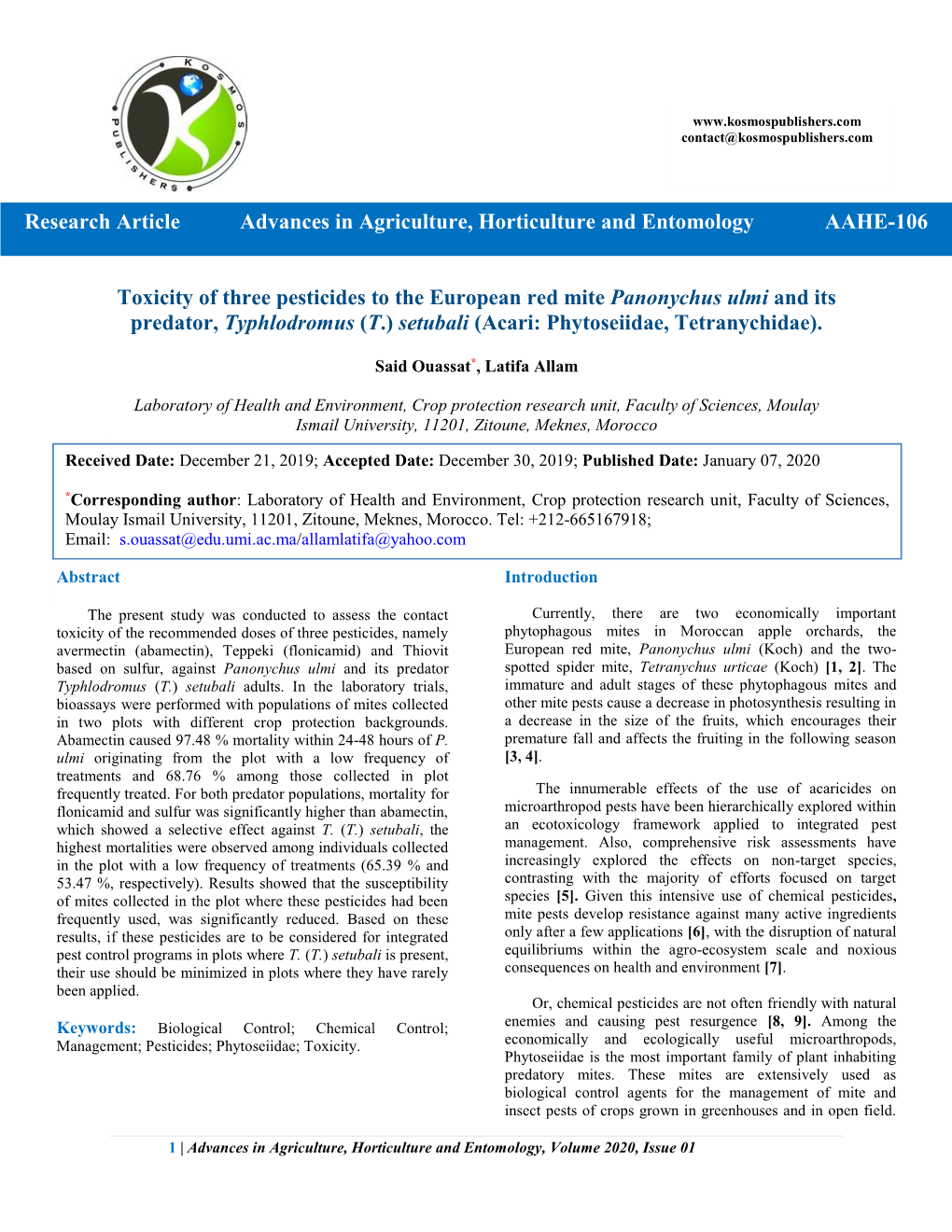 Toxicity of Three Pesticides to the European Red Mite Panonychus Ulmi and Its