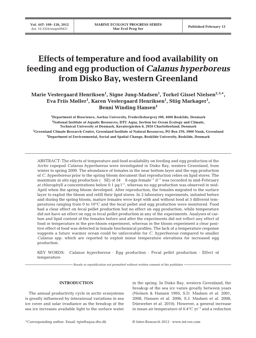 Effects of Temperature and Food Availability on Feeding and Egg Production of Calanus Hyperboreus from Disko Bay, Western Greenland