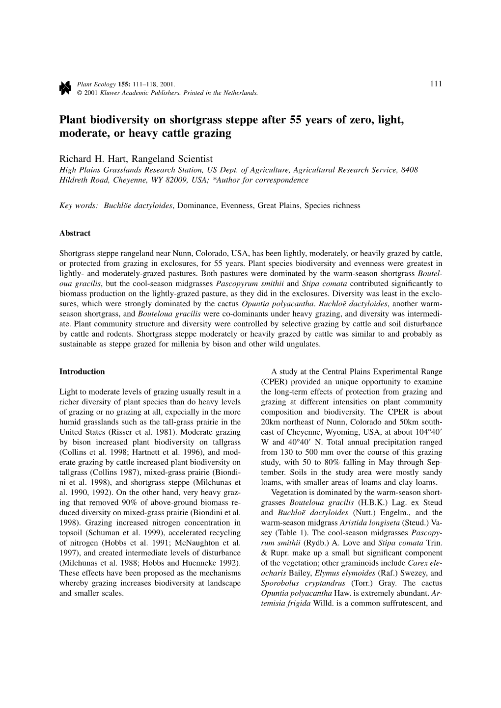 Plant Biodiversity on Shortgrass Steppe After 55 Years of Zero, Light, Moderate, Or Heavy Cattle Grazing