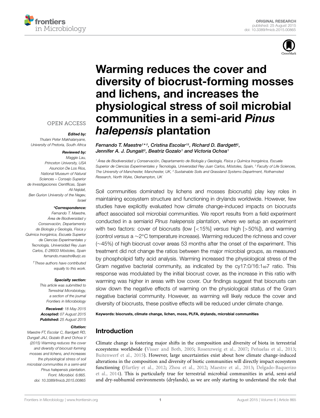 Warming Reduces the Cover and Diversity of Biocrust-Forming Mosses