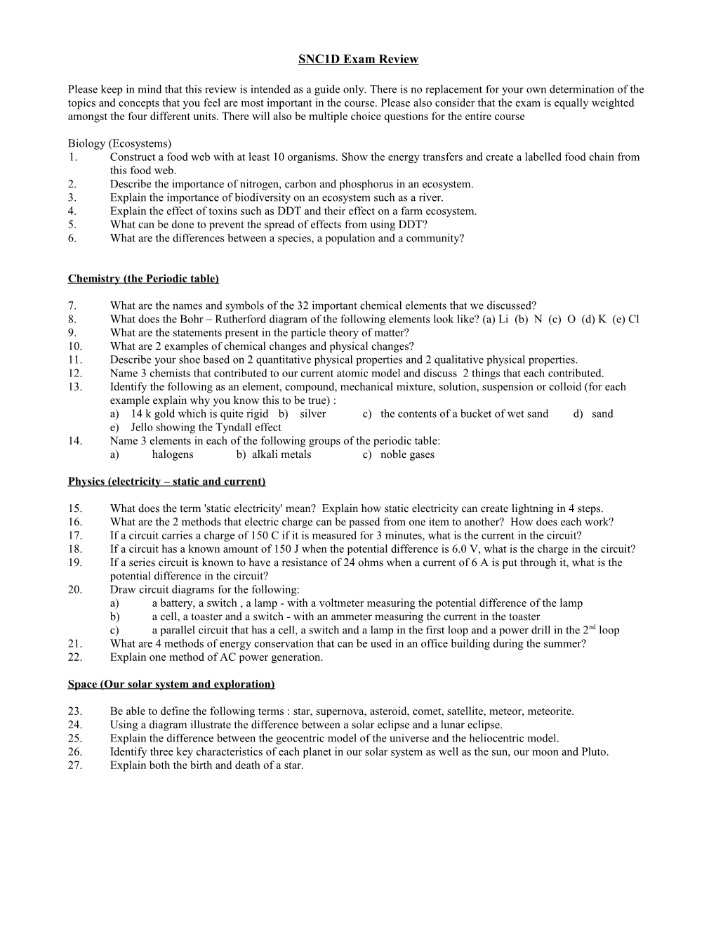 SNC1D Exam Review