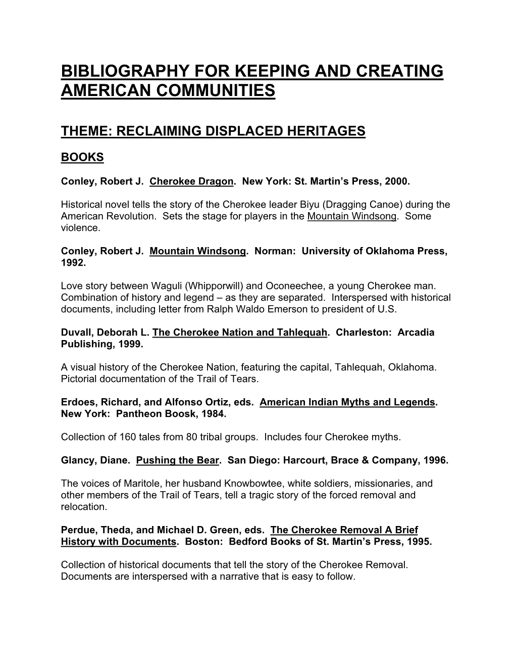 Bibliography for Keeping and Creating American Communities
