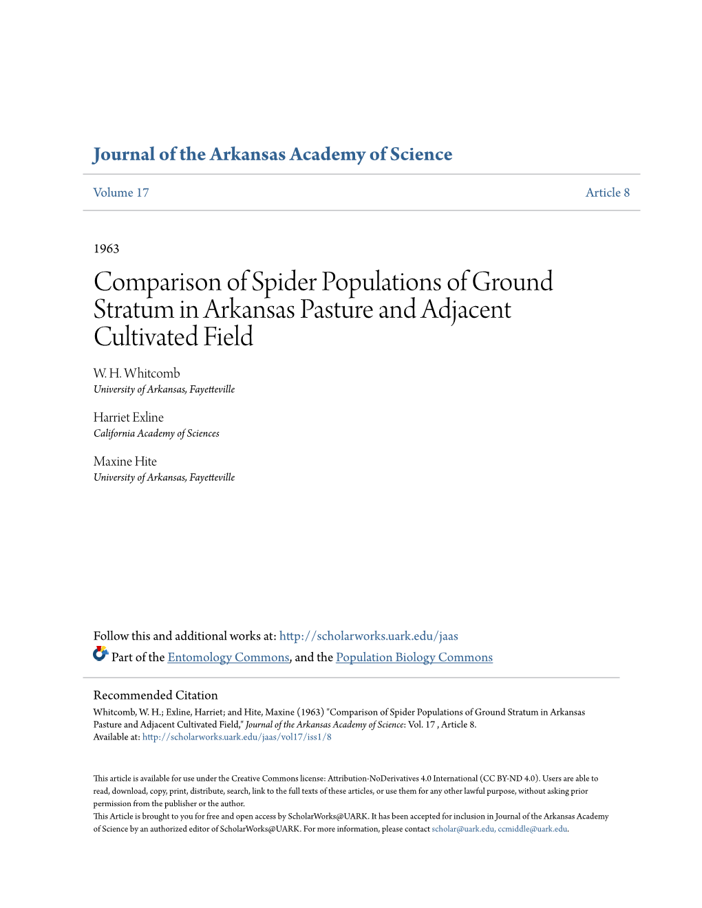 Comparison of Spider Populations of Ground Stratum in Arkansas Pasture and Adjacent Cultivated Field W