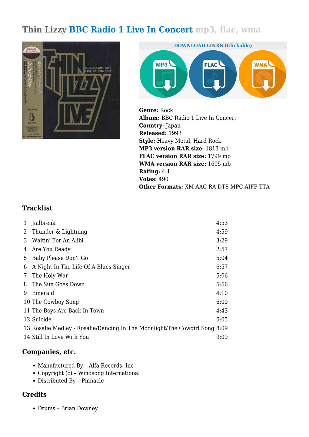 Thin Lizzy BBC Radio 1 Live in Concert Mp3, Flac, Wma