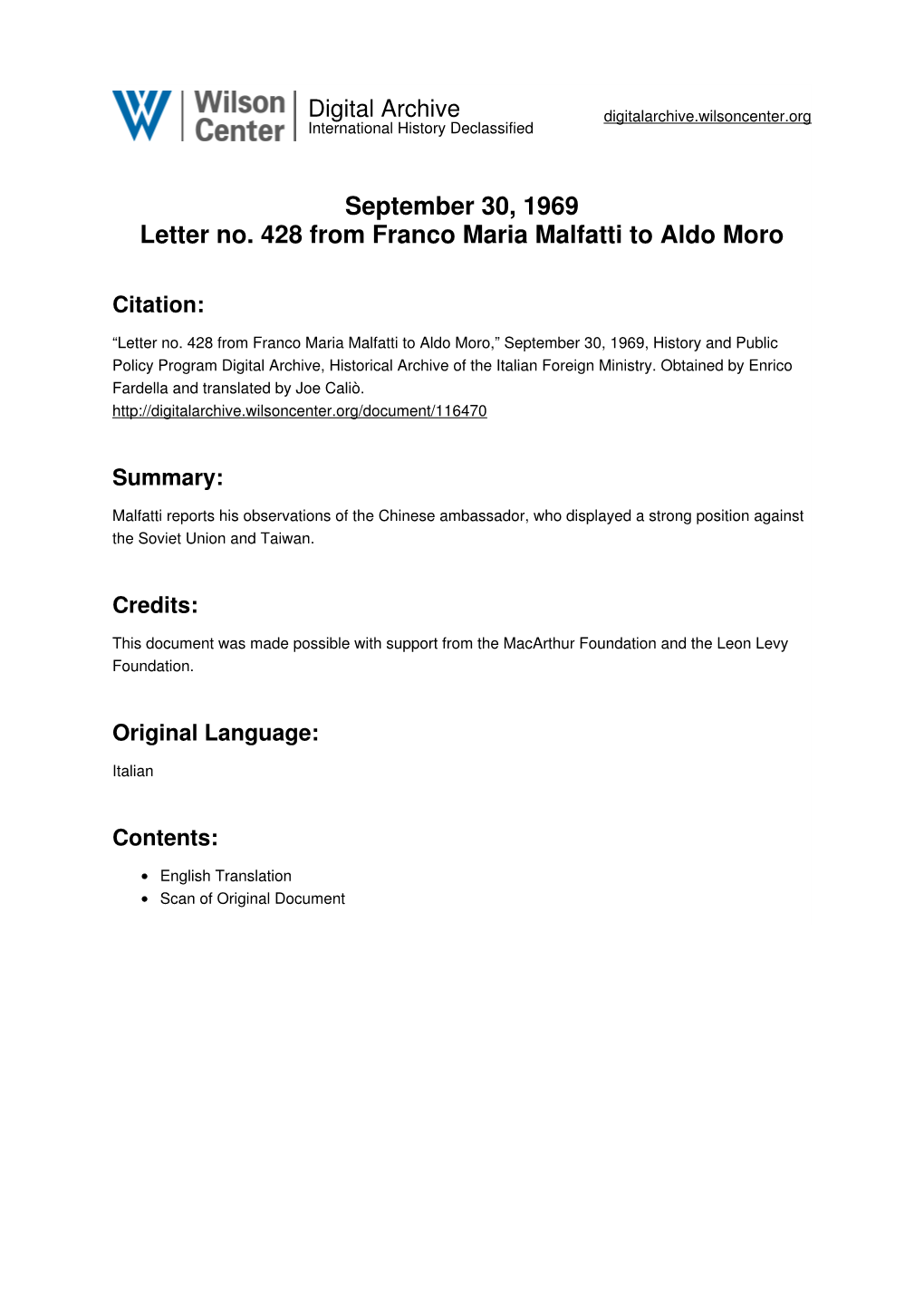 September 30, 1969 Letter No. 428 from Franco Maria Malfatti to Aldo Moro