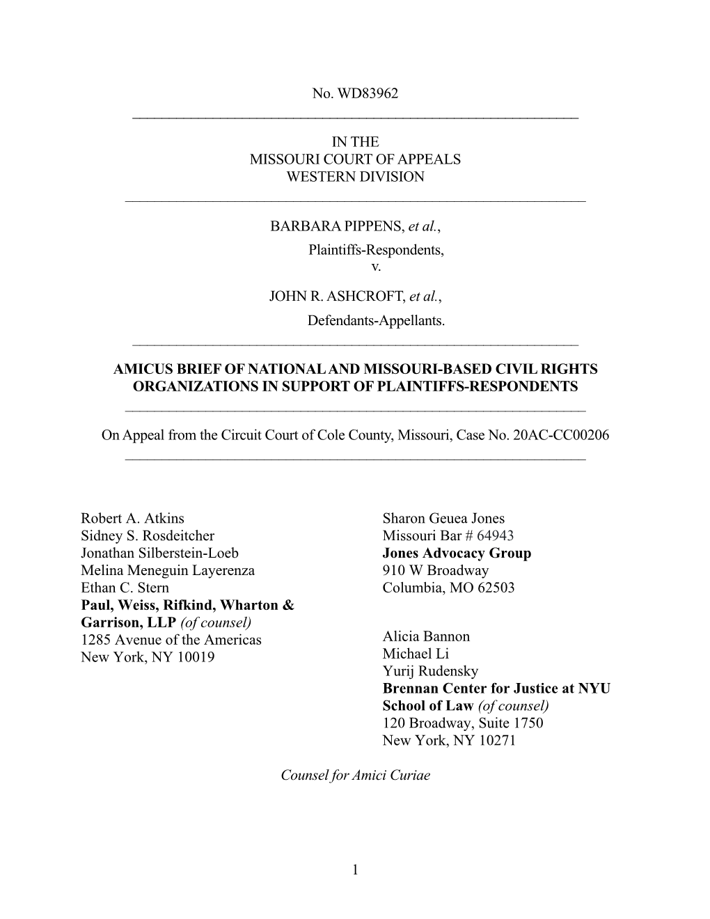 Amicus Brief of National and Missouri-Based Civil Rights Organizations in Support of Plaintiffs-Respondents ______