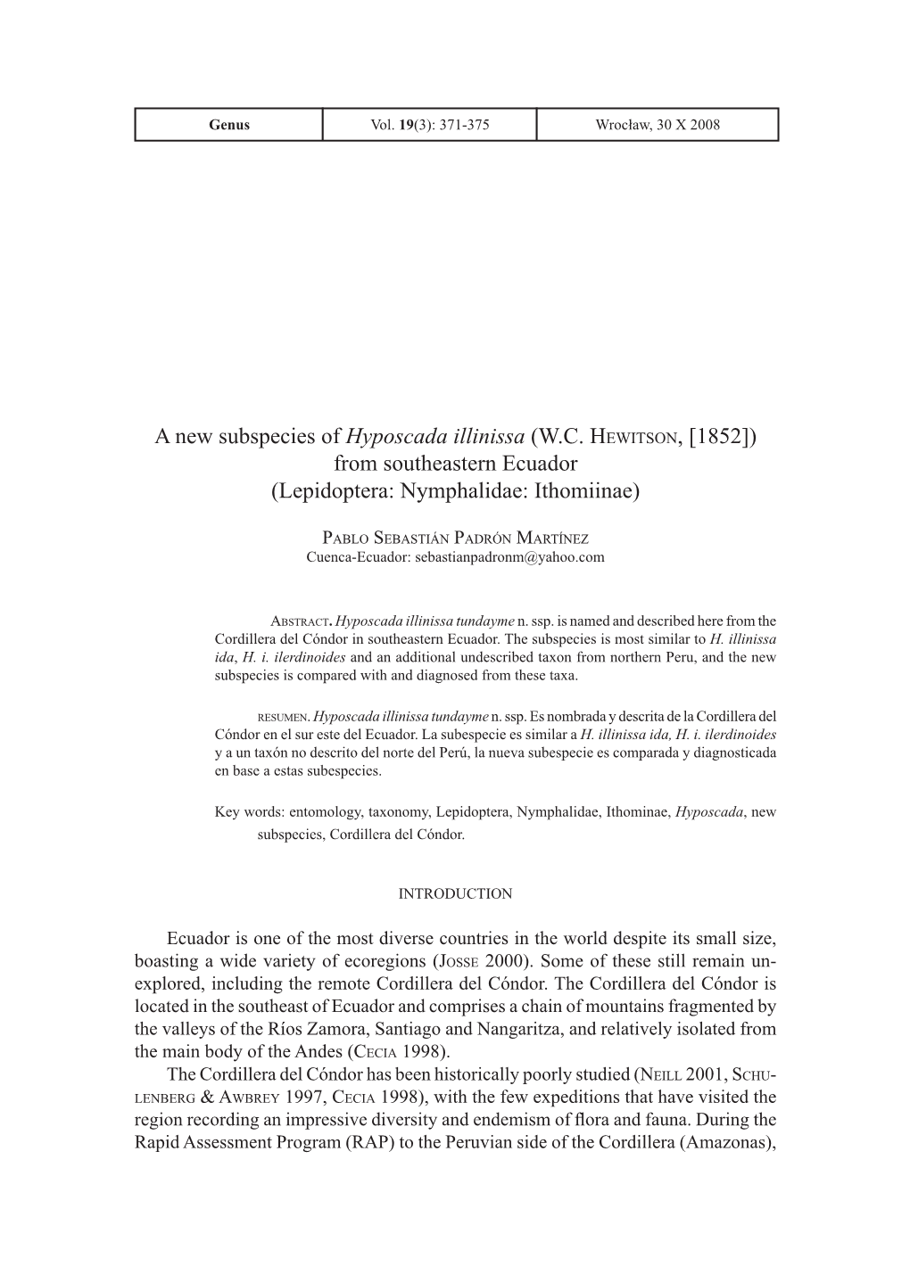 A New Subspecies of Hyposcada Illinissa (W.C. Hewitson, [1852]) from Southeastern Ecuador (Lepidoptera: Nymphalidae: Ithomiinae)