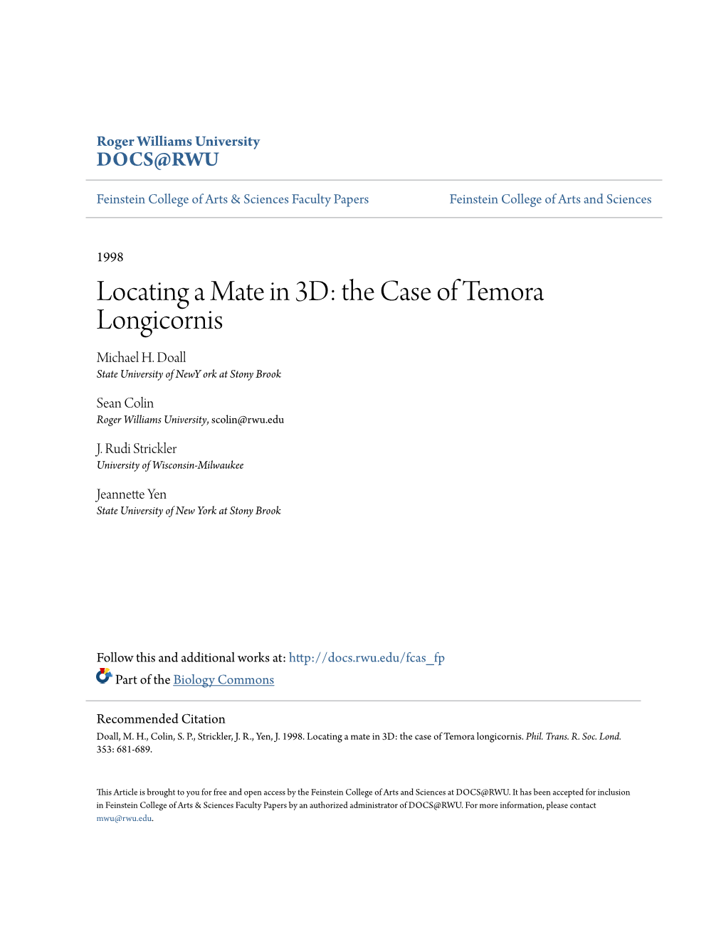 Locating a Mate in 3D: the Case of Temora Longicornis Michael H