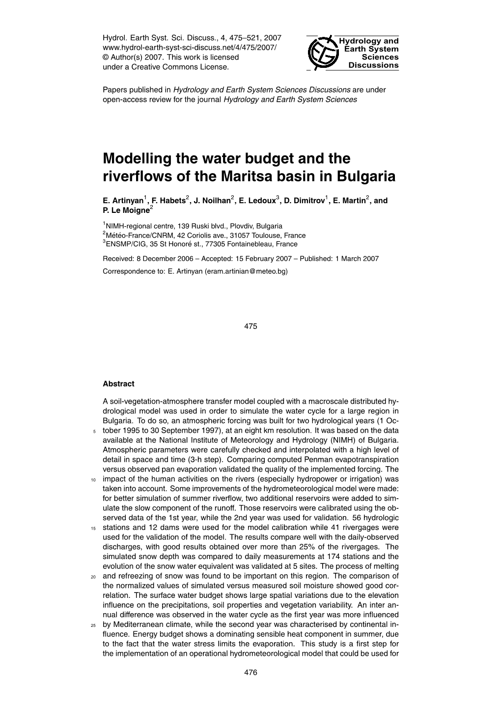 Modelling the Water Budget and the Riverflows of the Maritsa Basin In