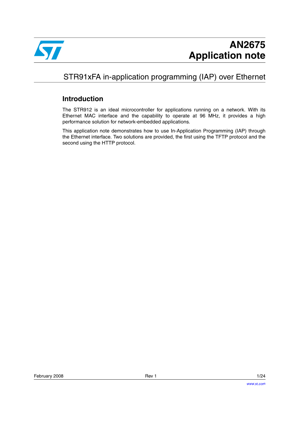 AN2675 Str91xfa In-Application Programming (IAP) Over Ethernet