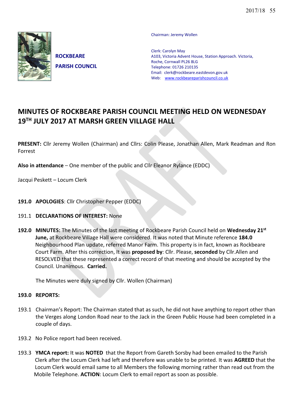 Minutes of Rockbeare Parish Council Meeting Held on Wednesday 19Th July 2017 at Marsh Green Village Hall