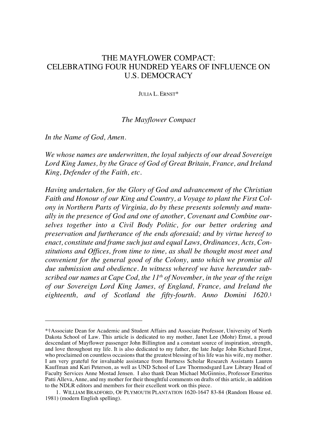 The Mayflower Compact: Celebrating Four Hundred Years of Influence on U.S