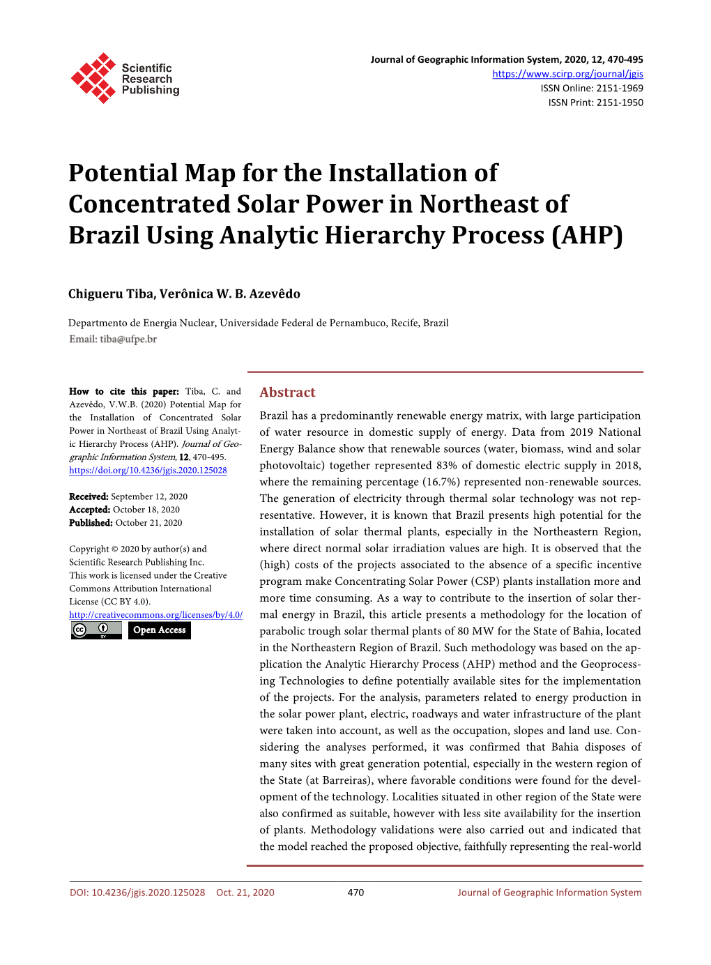 Potential Map for the Installation of Concentrated Solar Power in Northeast of Brazil Using Analytic Hierarchy Process (AHP)