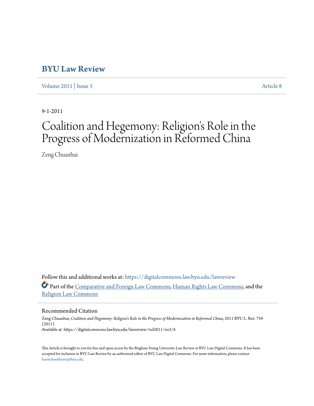 Religion's Role in the Progress of Modernization in Reformed China Zeng Chuanhui