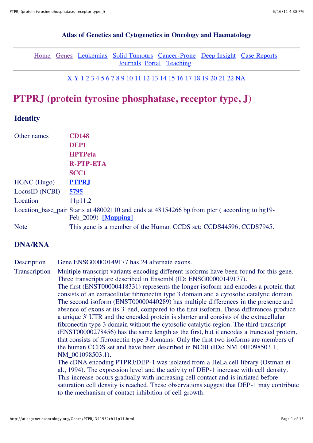 PTPRJ (Protein Tyrosine Phosphatase, Receptor Type, J) 6/16/11 4:38 PM