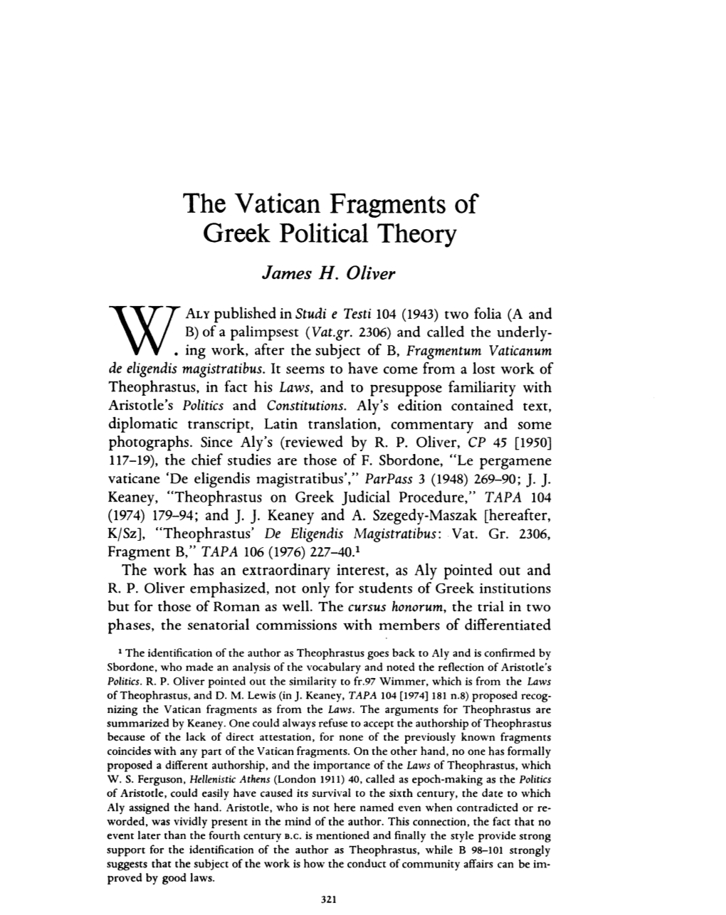 The Vatican Fragments of Greek Political Theory Oliver, James H Greek, Roman and Byzantine Studies; Winter 1977; 18, 4; Periodicals Archive Online Pg