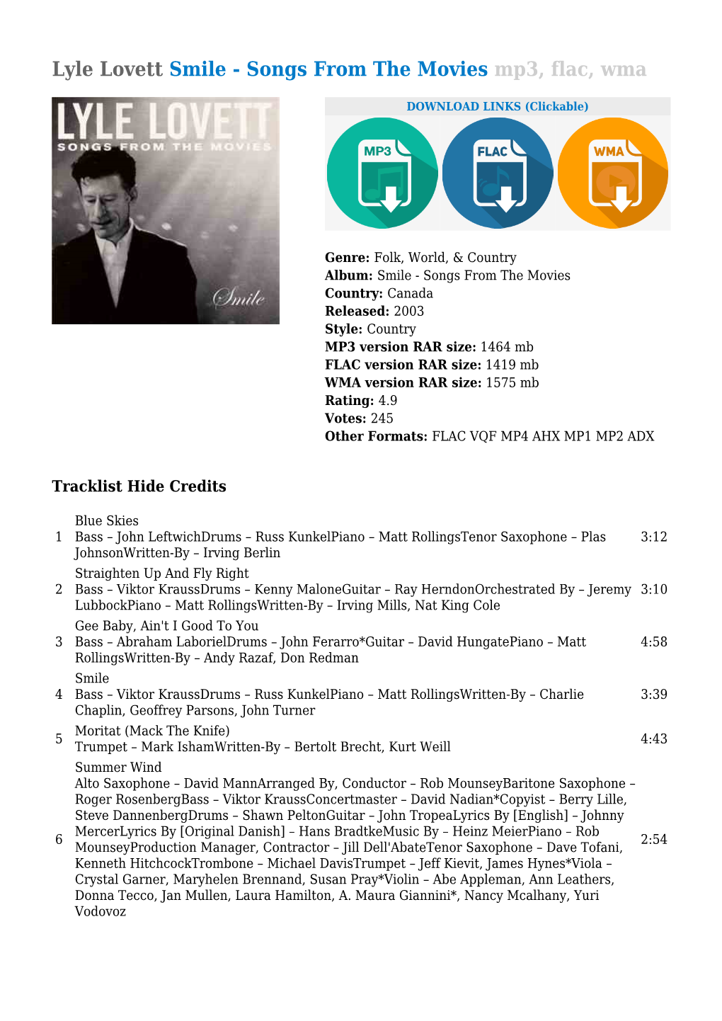 Lyle Lovett Smile - Songs from the Movies Mp3, Flac, Wma