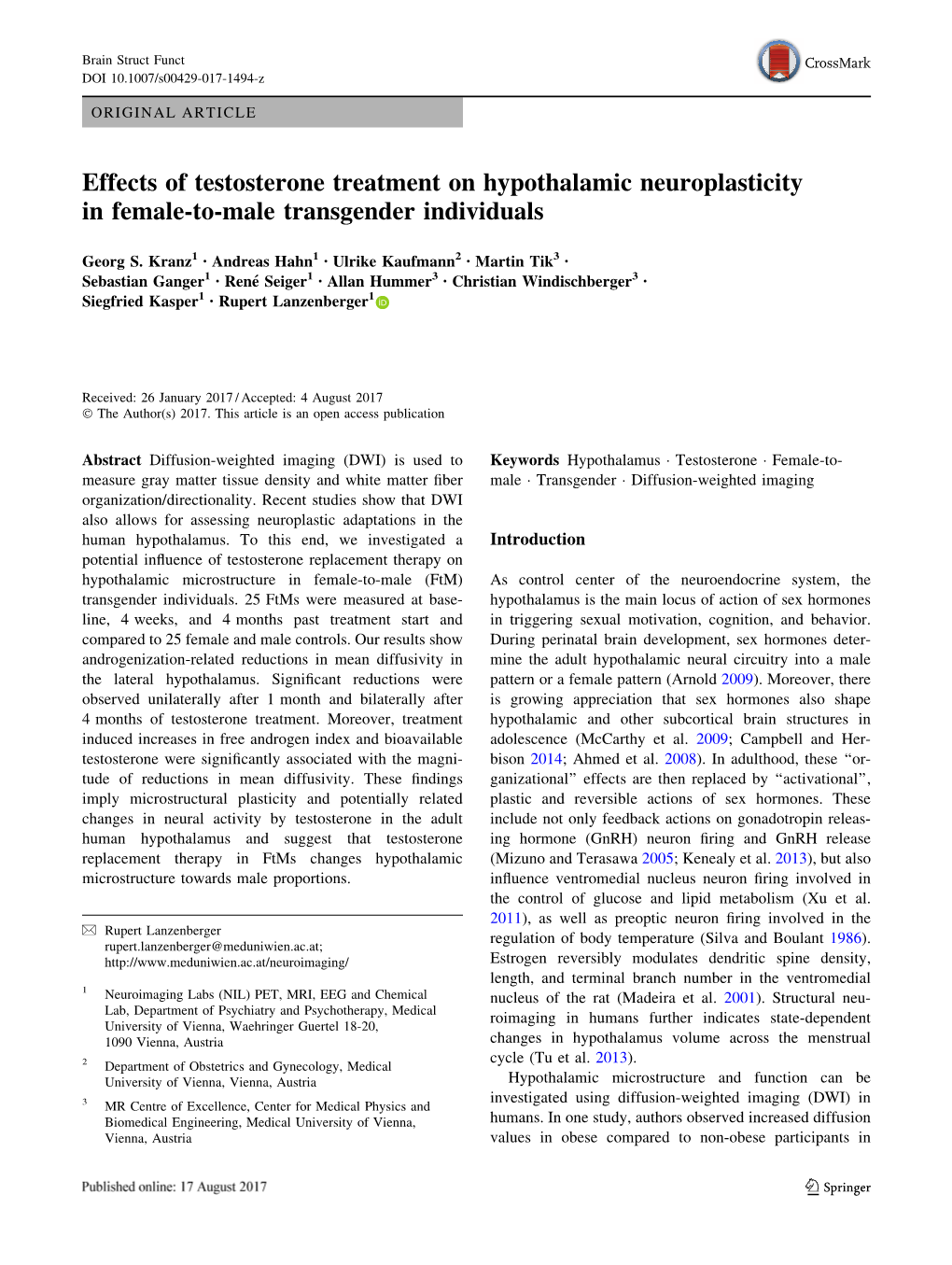 Effects of Testosterone Treatment on Hypothalamic Neuroplasticity in Female-To-Male Transgender Individuals