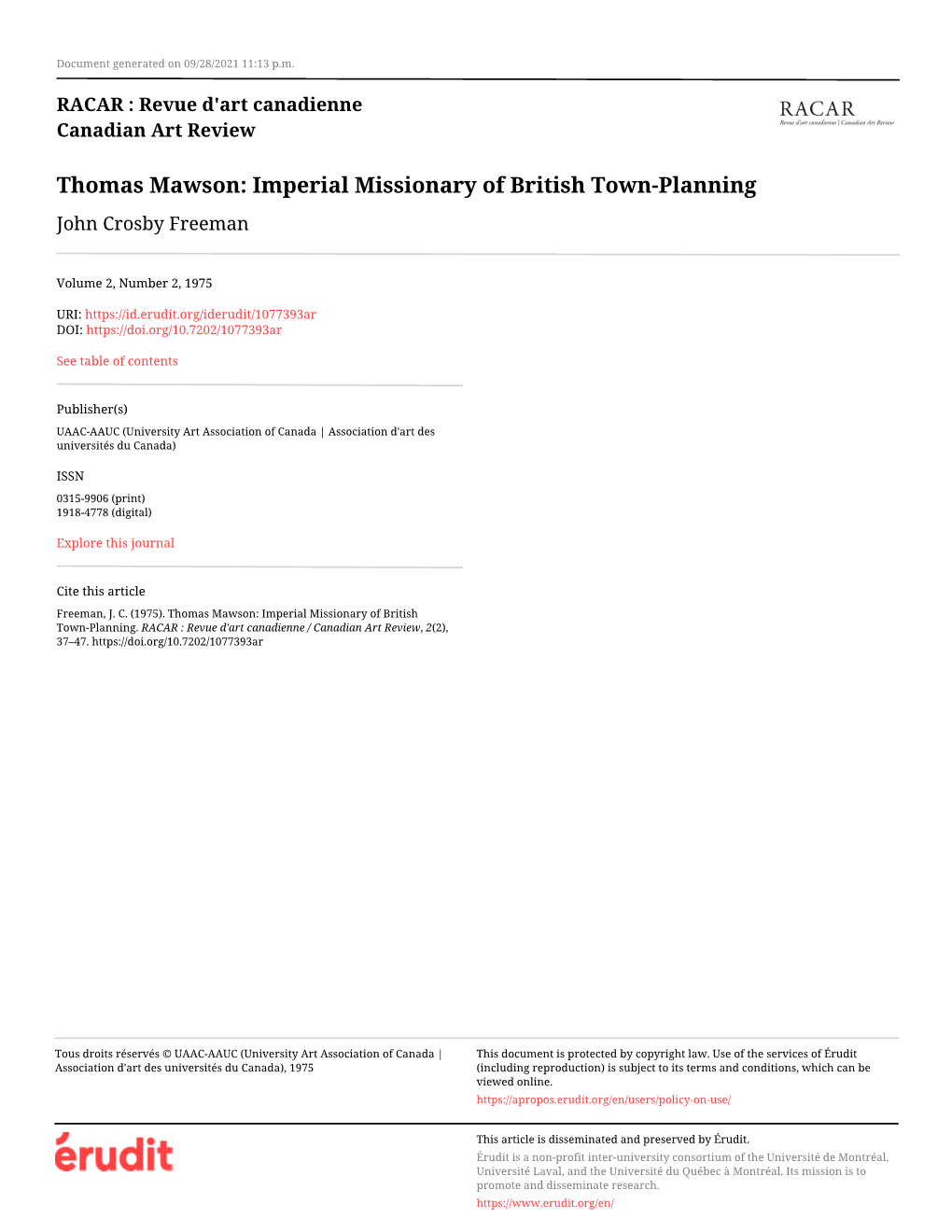 Thomas Mawson: Imperial Missionary of British Town-Planning John Crosby Freeman