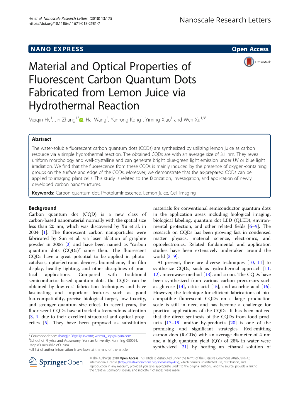 Material and Optical Properties of Fluorescent Carbon Quantum Dots