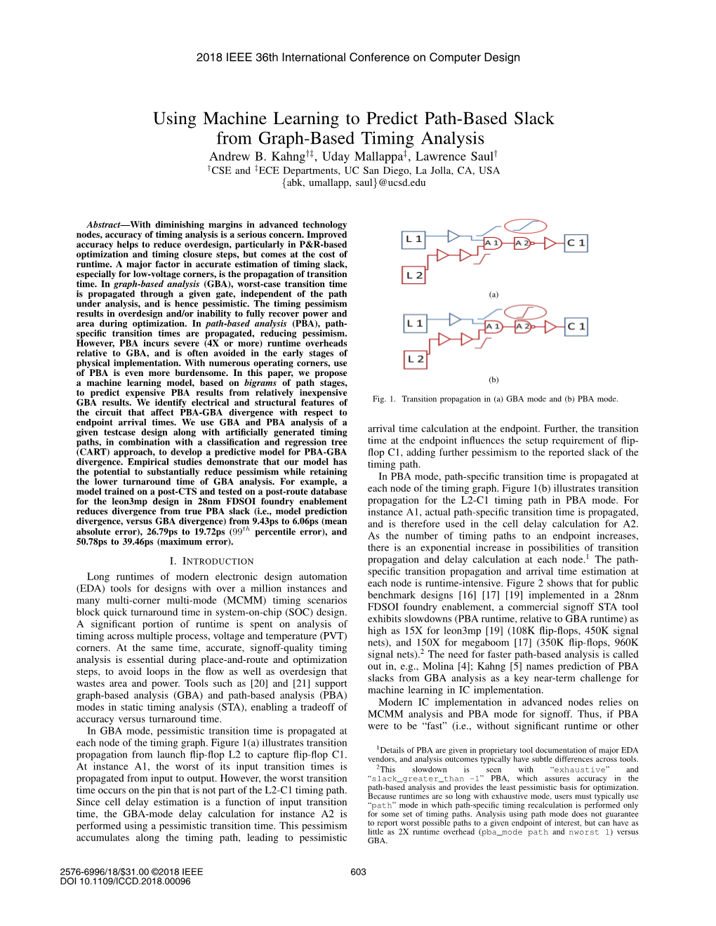 Using Machine Learning to Predict Path-Based Slack from Graph-Based Timing Analysis Andrew B