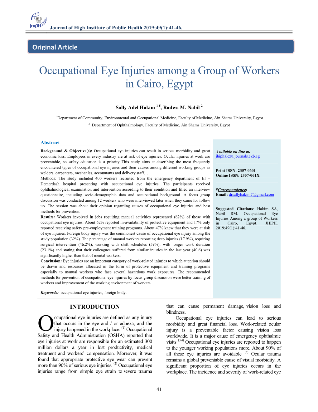 Occupational Eye Injuries Among a Group of Workers in Cairo, Egypt