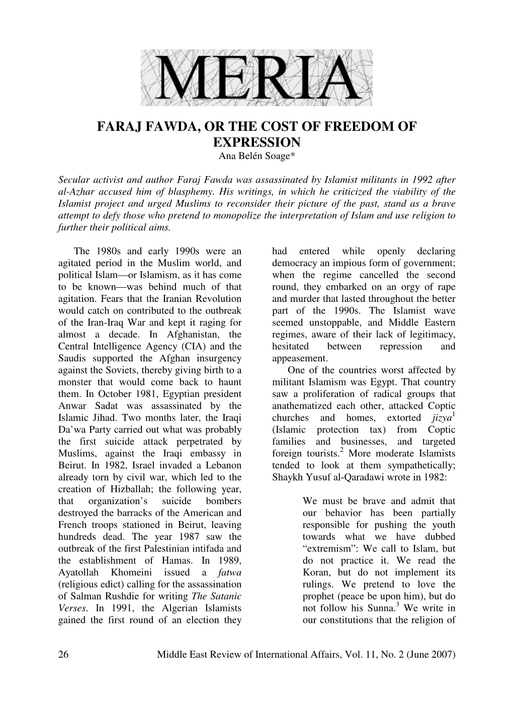 Faraj Fawda and the Cost of Free Speech -- MERIA -- June 2007