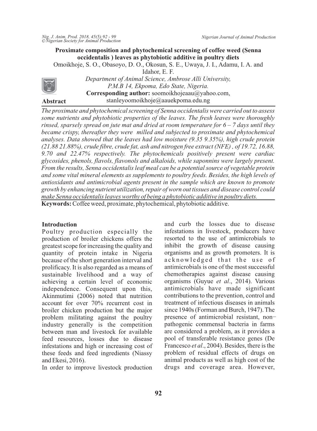 (Senna Occidentalis ) Leaves As Phytobiotic Additive in Poultry Diets Omoikhoje, S