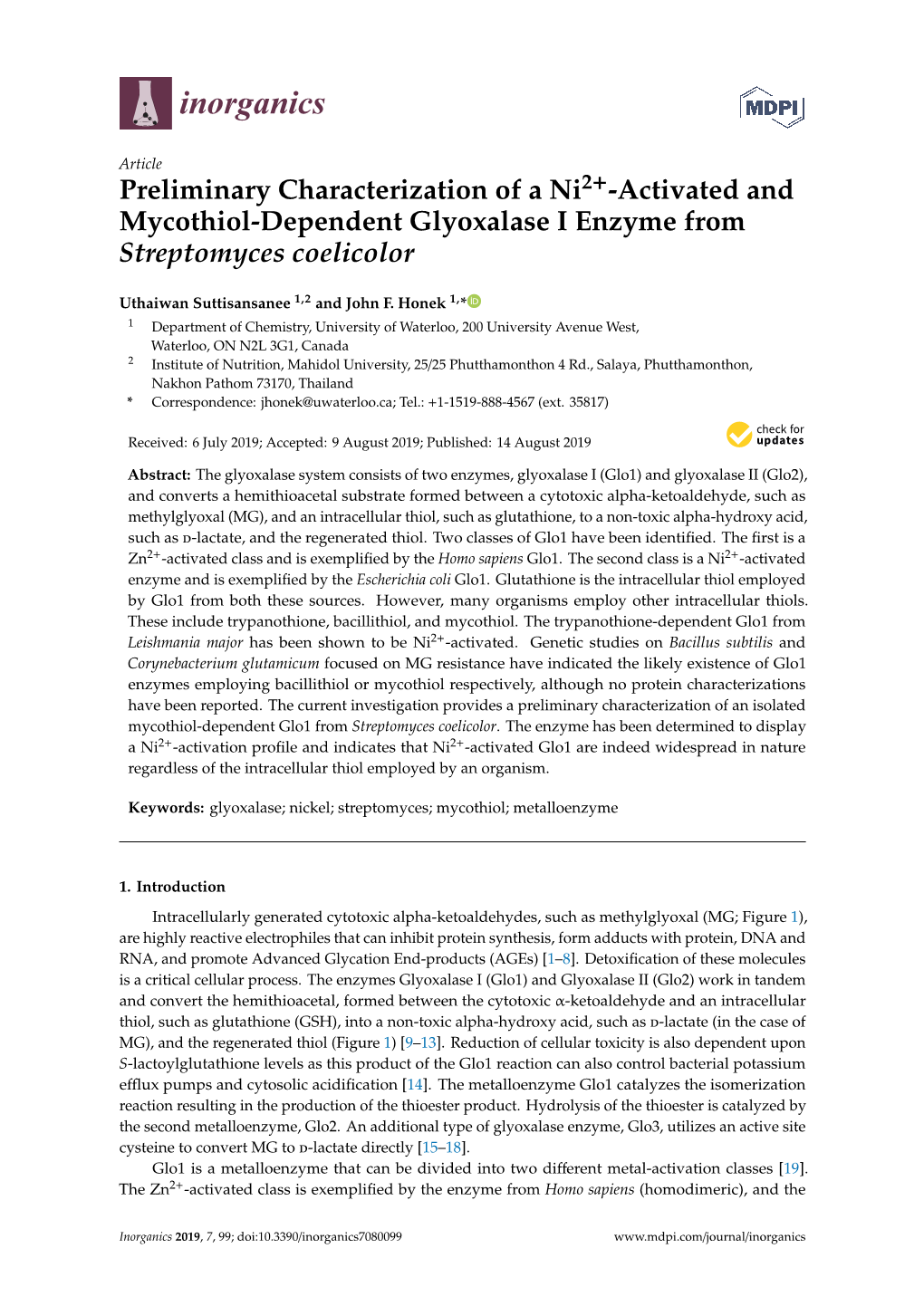 Preliminary Characterization of a Ni2+-Activated and Mycothiol-Dependent Glyoxalase I Enzyme from Streptomyces Coelicolor