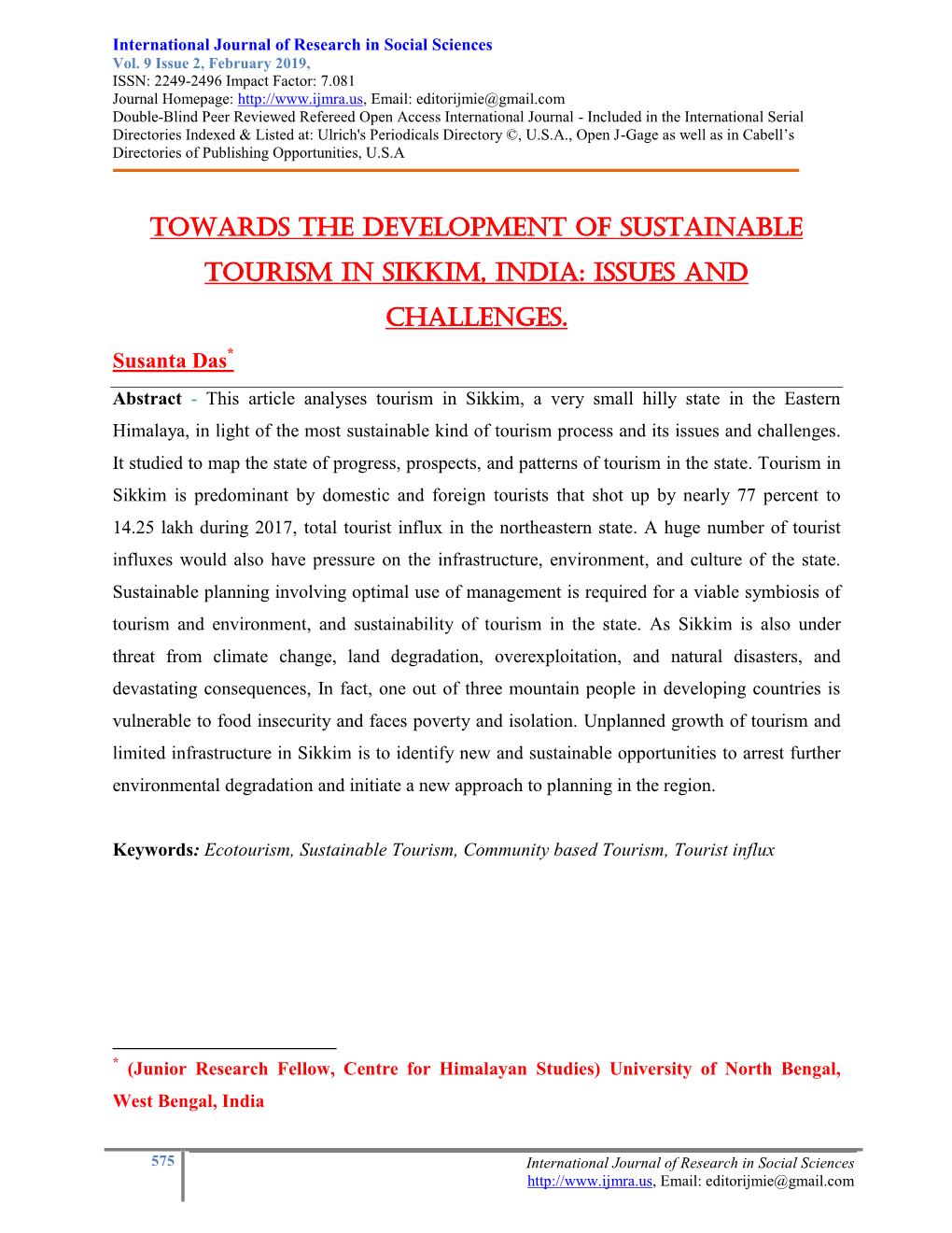 Towards the Development of Sustainable Tourism in Sikkim, India: Issues and Challenges