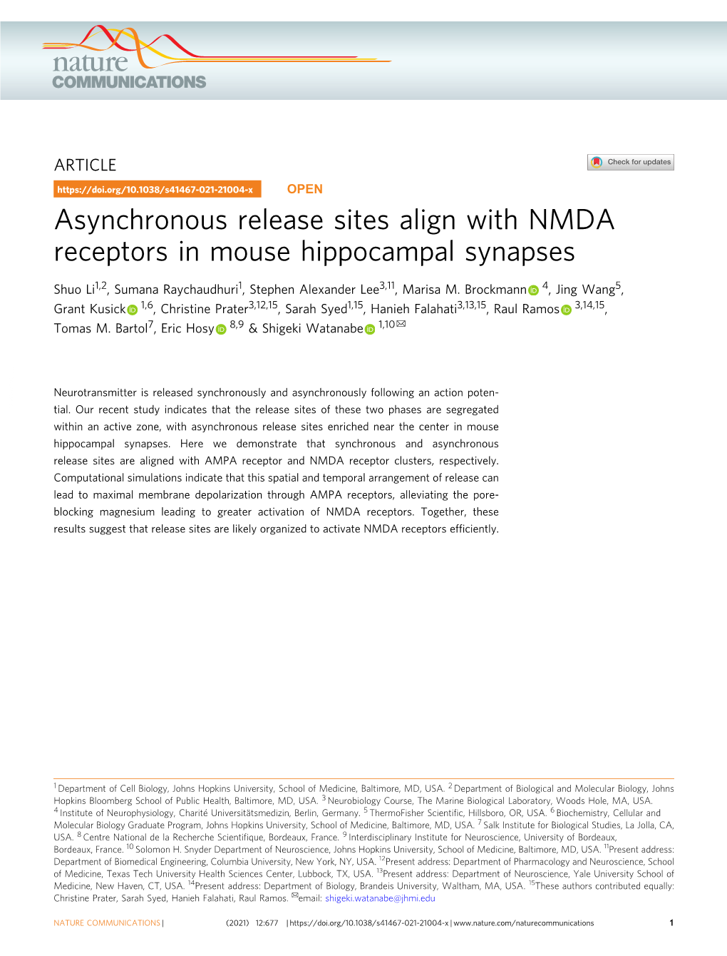 Asynchronous Release Sites Align with NMDA Receptors in Mouse Hippocampal Synapses