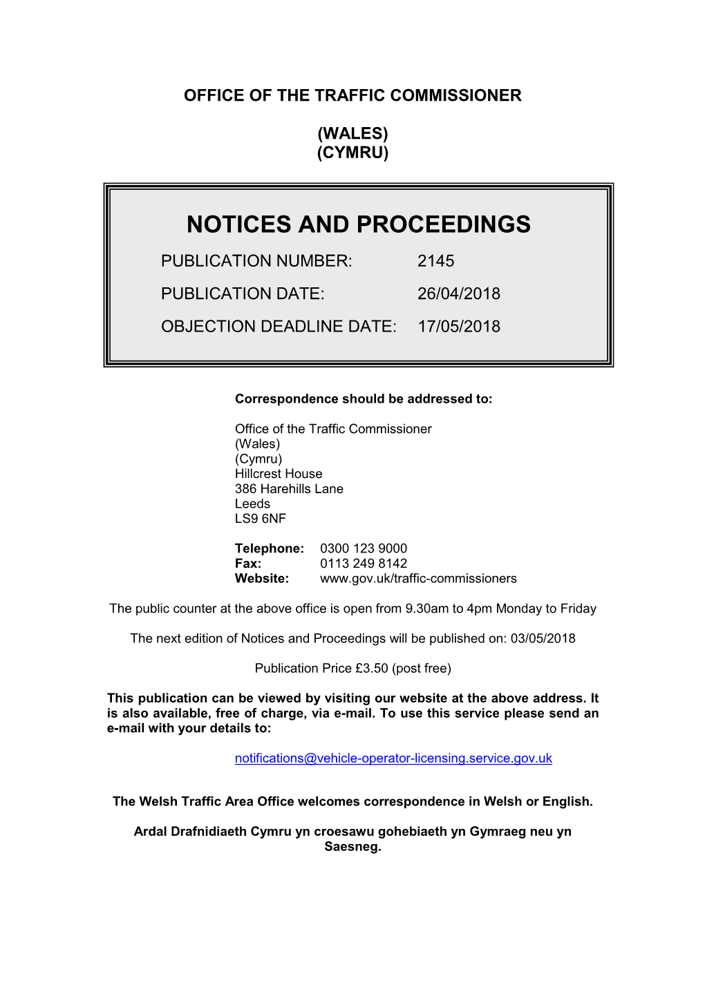 Notices and Proceedings for Wales