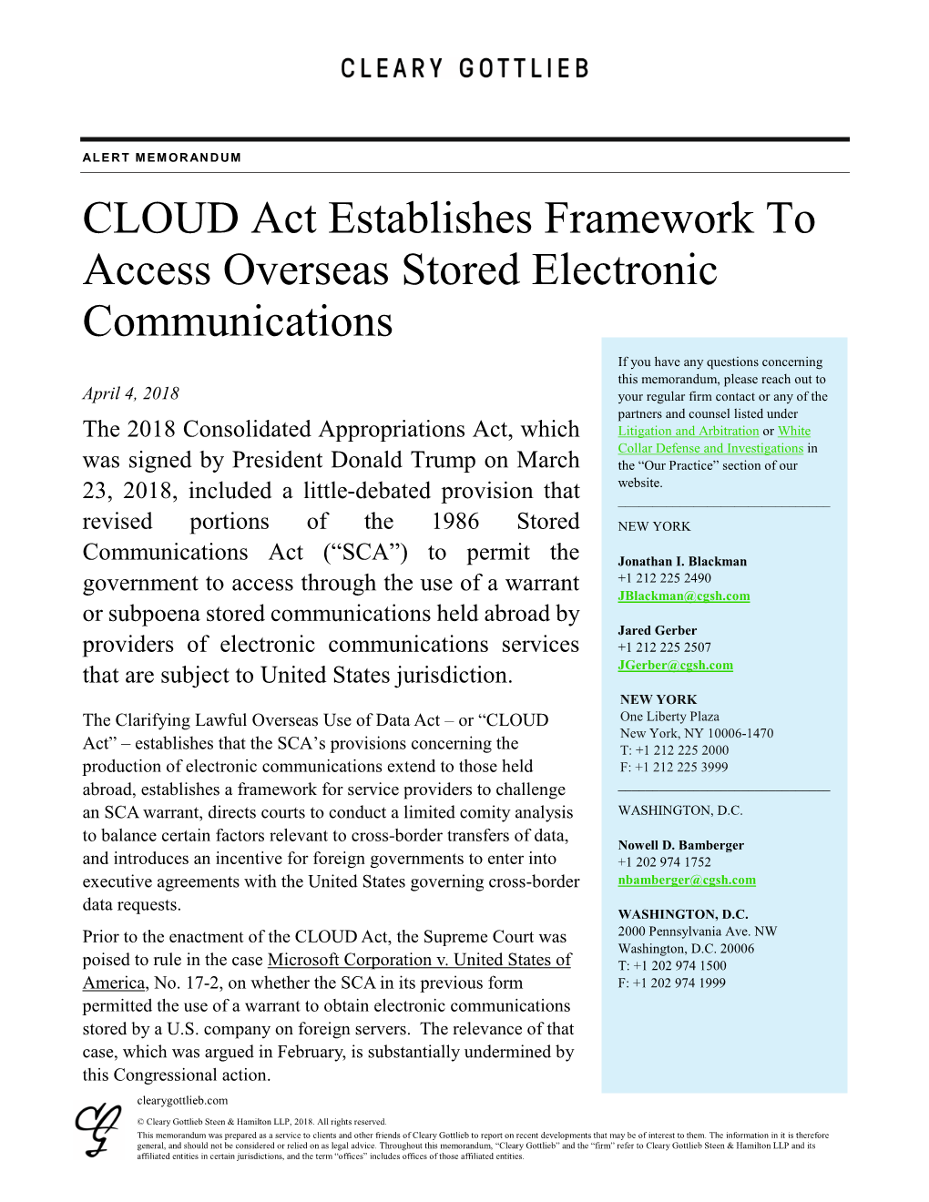 CLOUD Act Establishes Framework to Access Overseas Stored Electronic Communications
