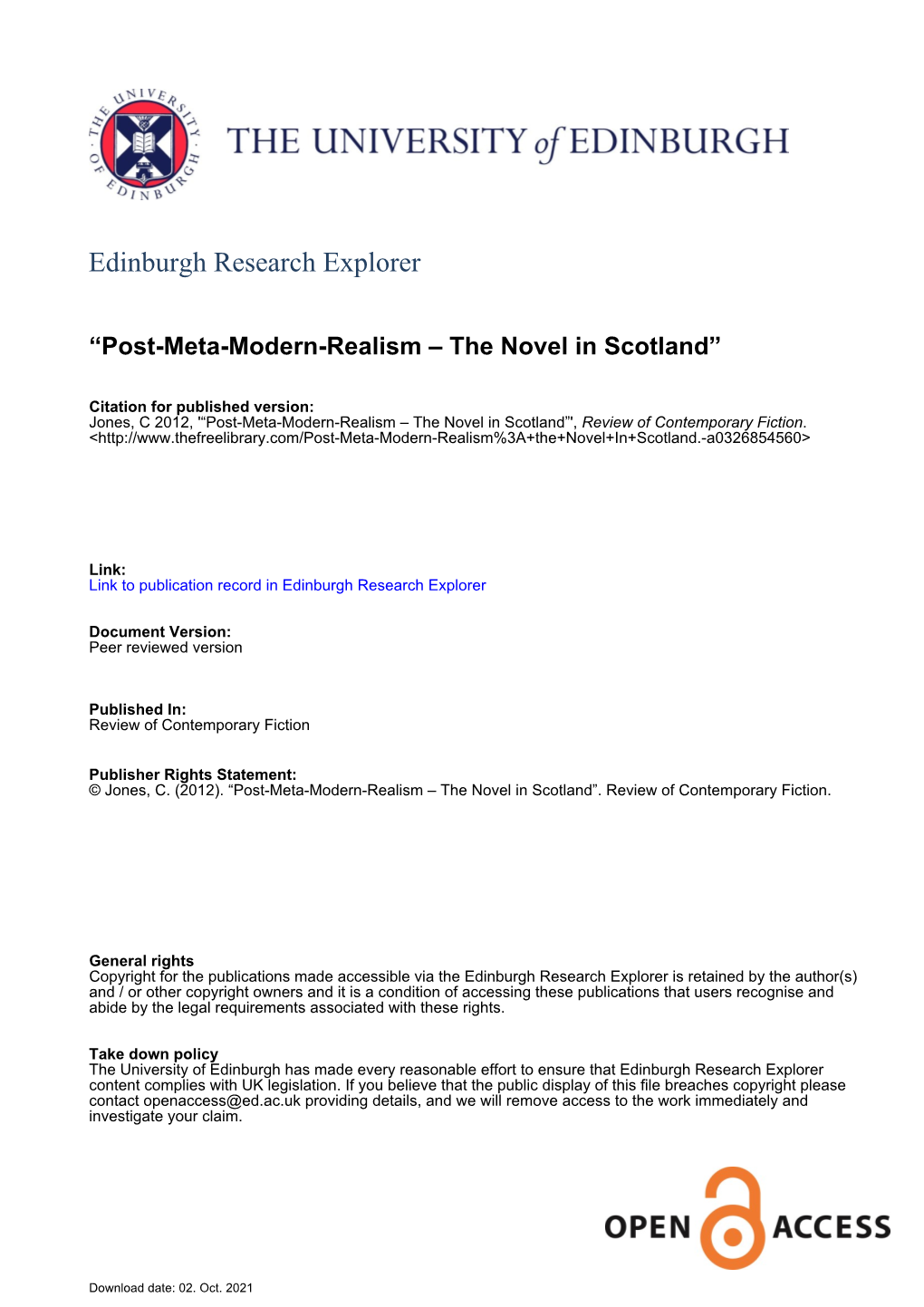 Post-Meta-Modern-Realism – the Novel in Scotland”