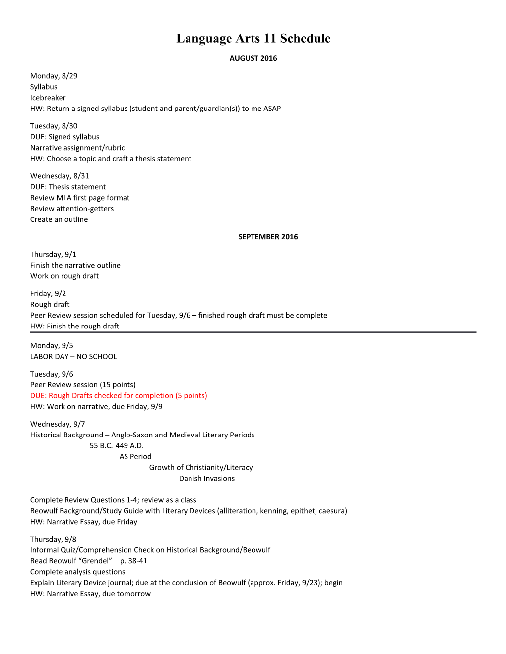 Language Arts 11 Schedule