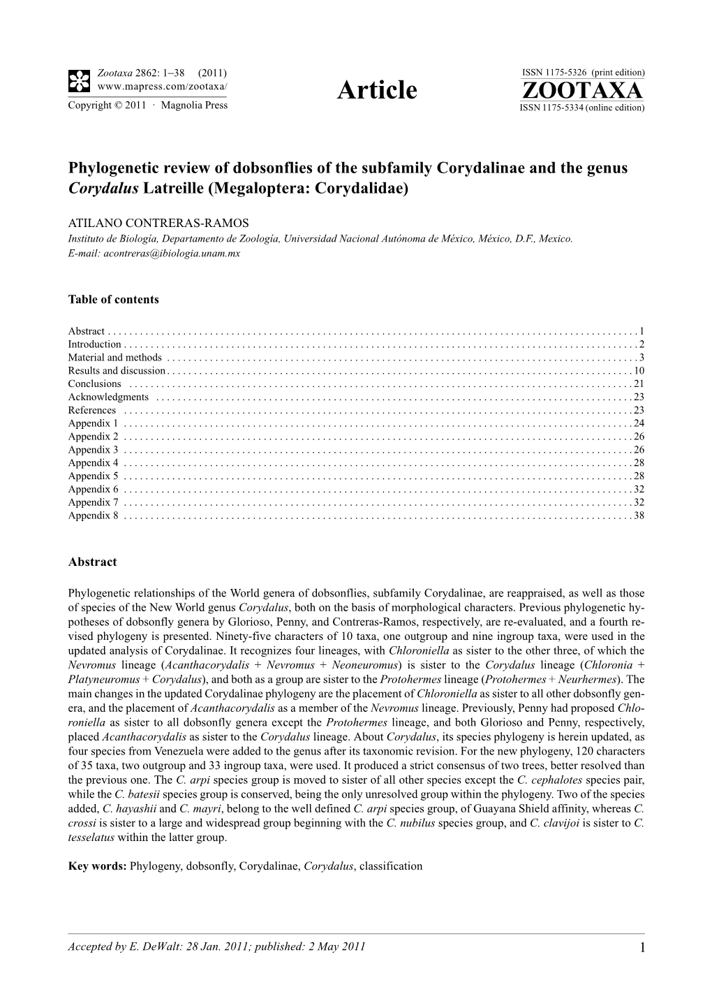 Phylogenetic Review of Dobsonflies of the Subfamily Corydalinae and the Genus Corydalus Latreille (Megaloptera: Corydalidae)