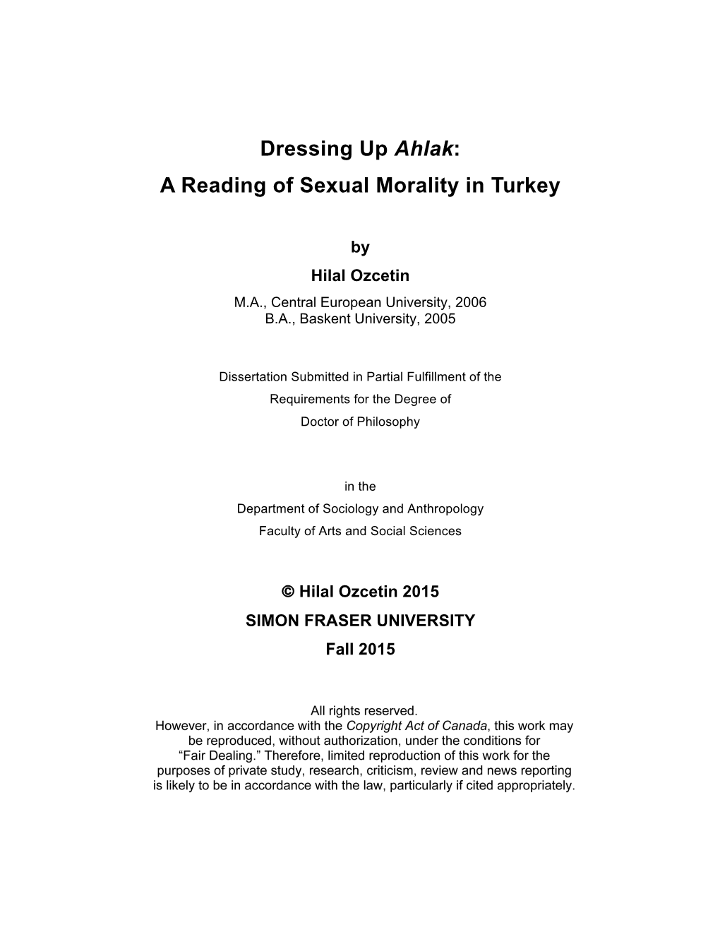 A Reading of Sexual Morality in Turkey