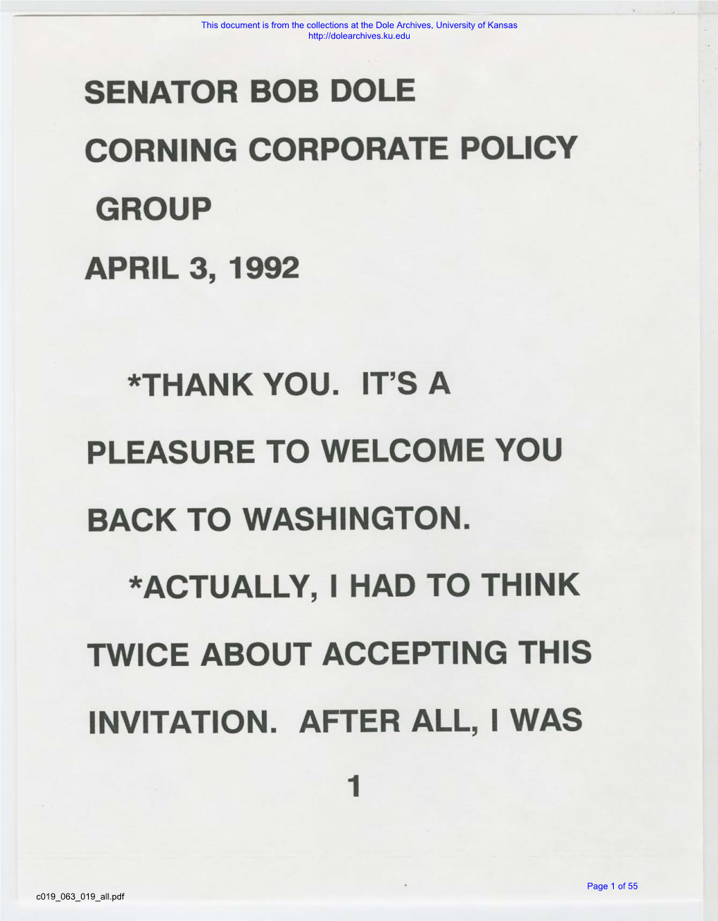 Senator Bob Dole Corning Corporate Policy Group April 3, 1992