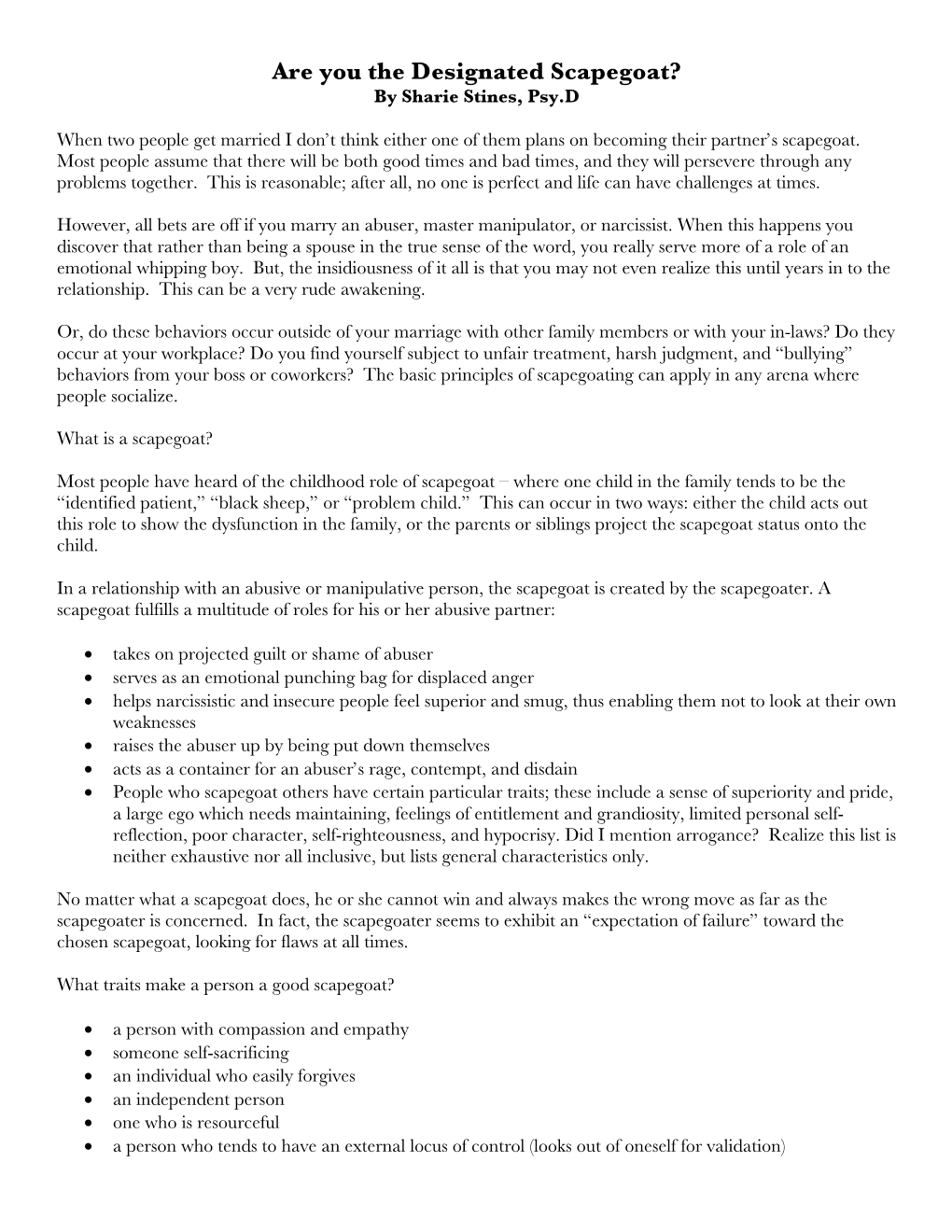 Are You the Designated Scapegoat? by Sharie Stines, Psy.D