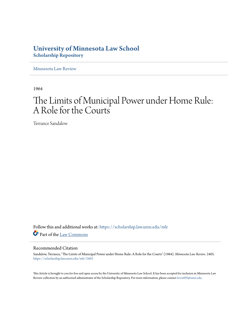 The Limits of Municipal Power Under Home Rule: a Role for the Courts Terrance Sandalow