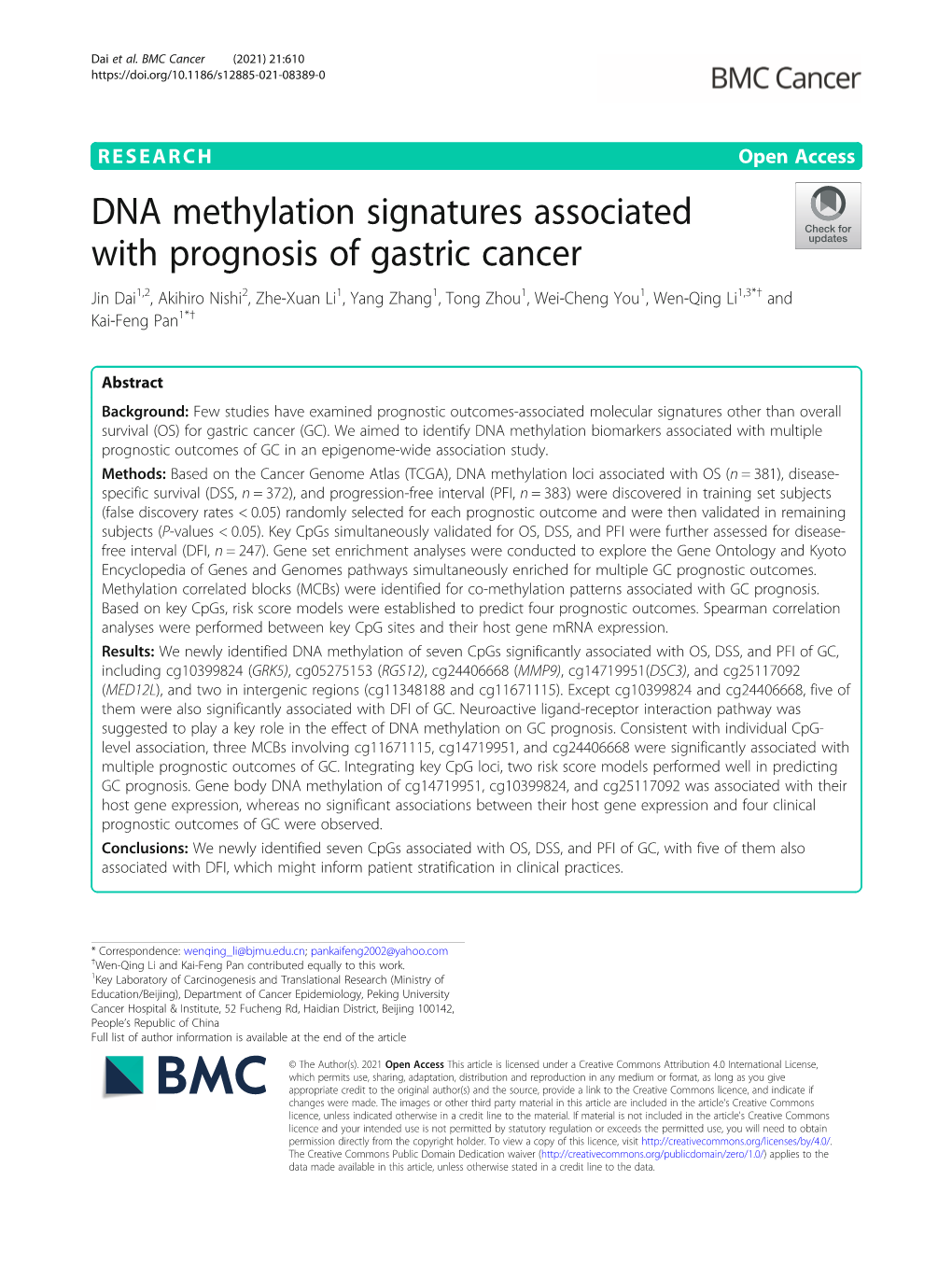 DNA Methylation Signatures Associated with Prognosis of Gastric