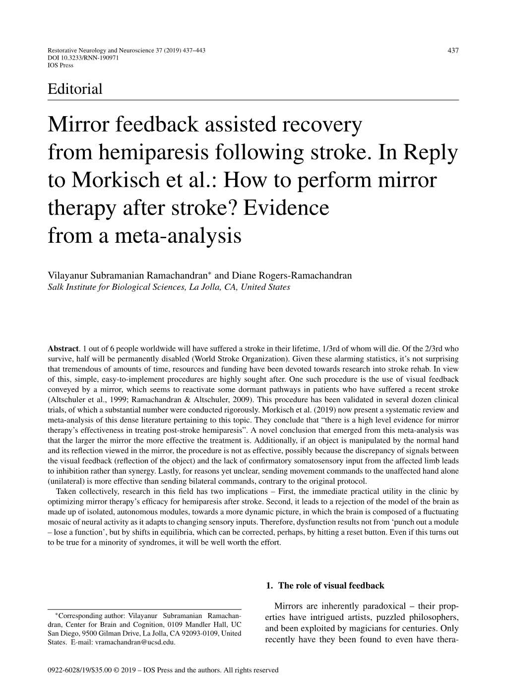 Mirror Feedback Assisted Recovery from Hemiparesis Following Stroke